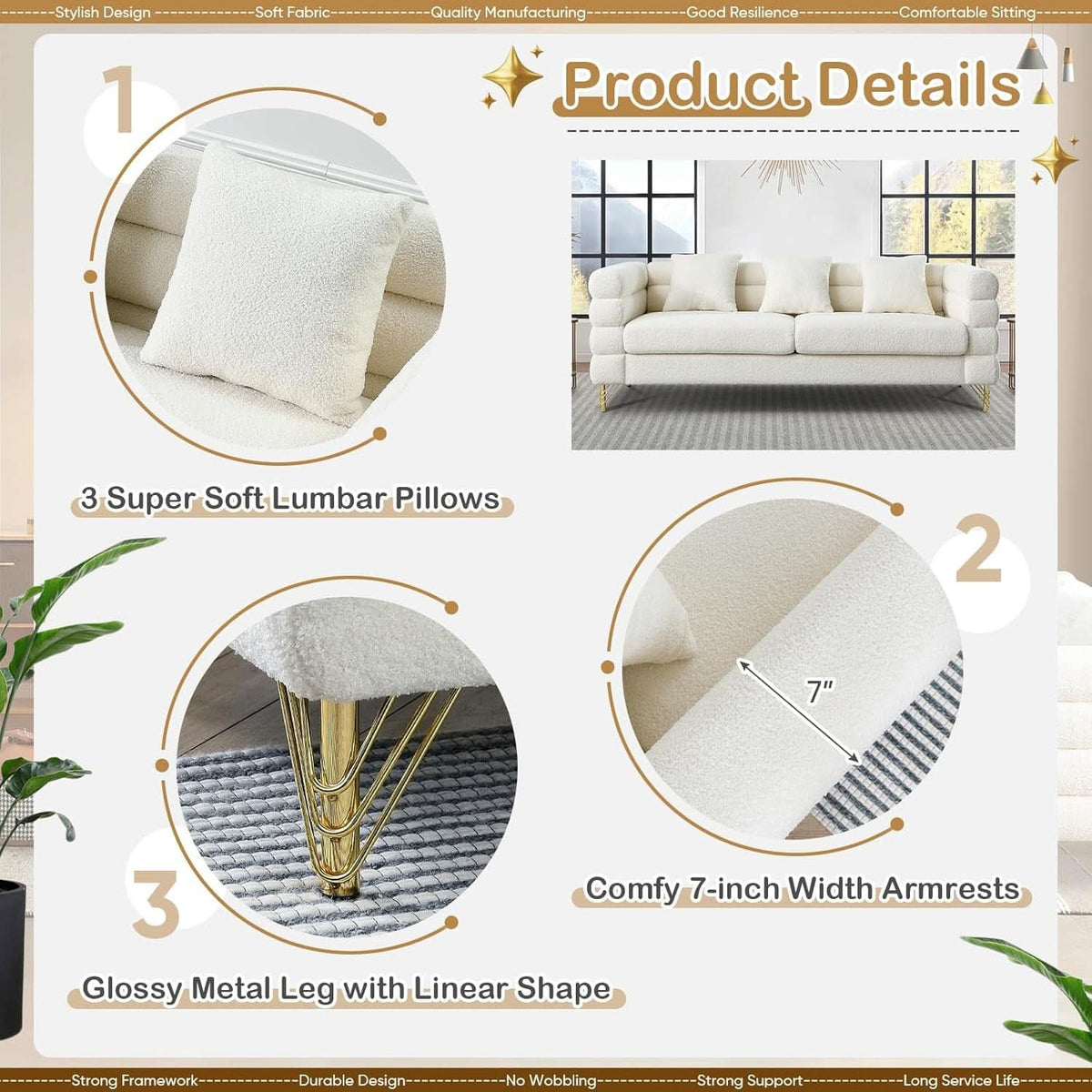 Two Piece Living Room Sofa Set White Teddy Boucle With Loveseat And Three Seater Deep Seat Cushioned Upholstered Sofa