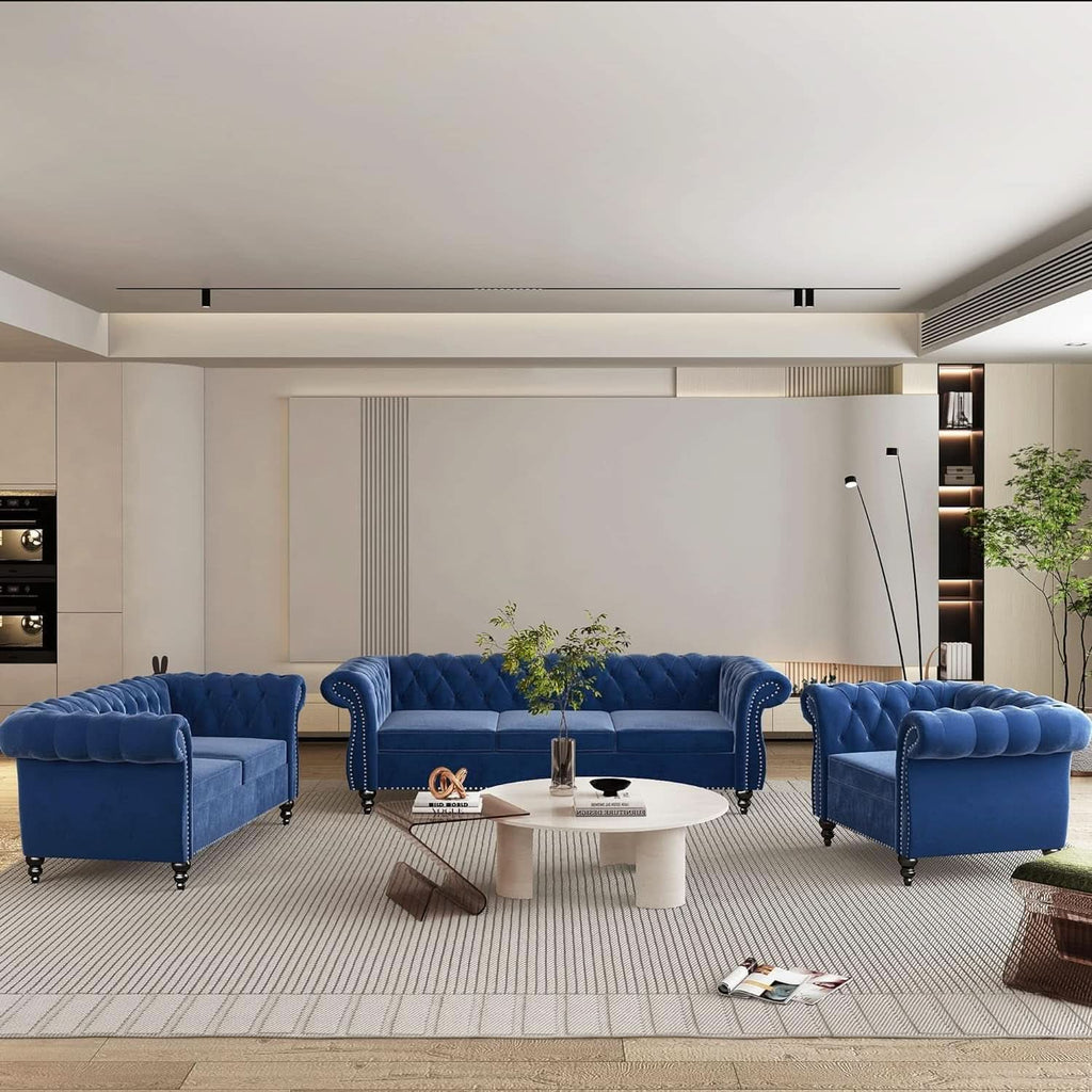Blue Velvet 3 Piece Sectional Sofa Set With Tufting