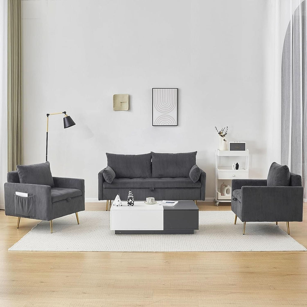 3 Piece Storage Sofa Set With Corduroy Gray Loveseat