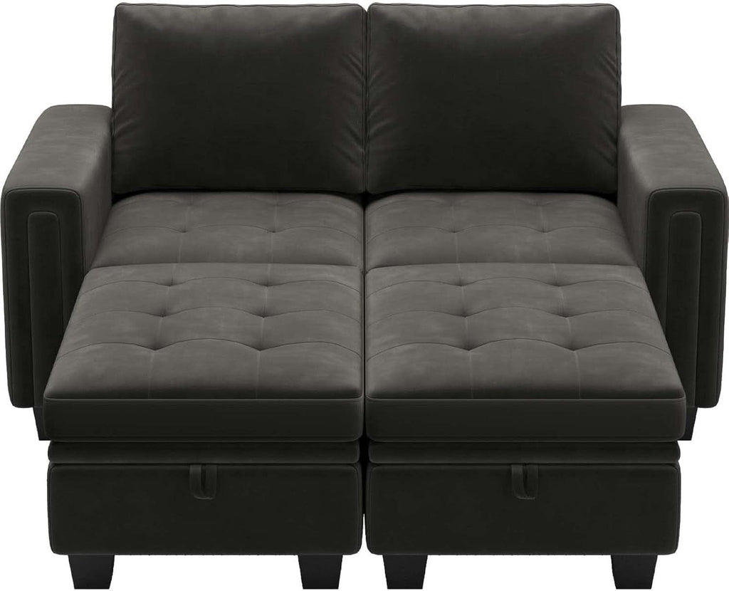 Grey Velvet Modular Sectional Sofa With Storage And Sleeper