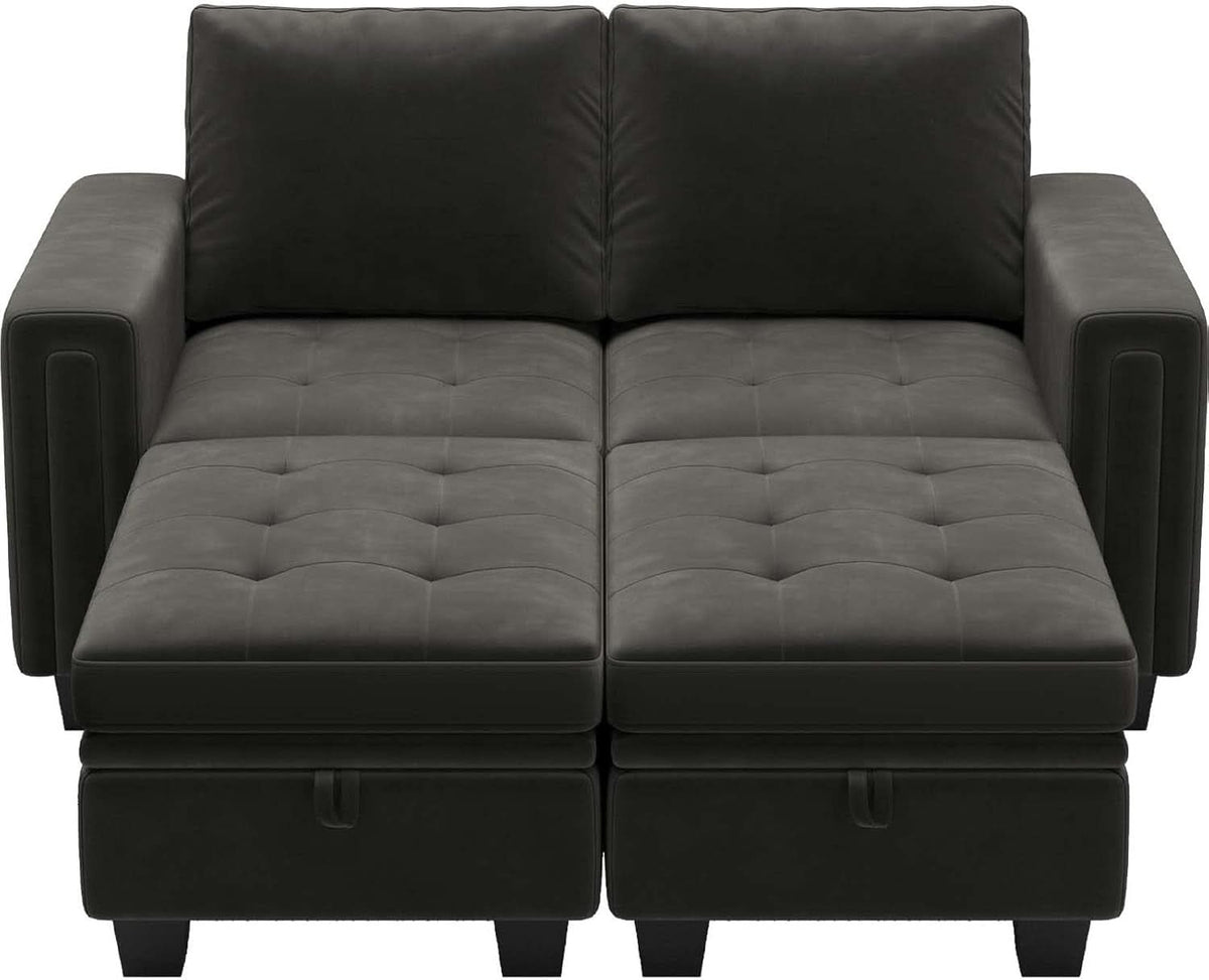 Grey Velvet Modular Sectional Sofa With Storage And Sleeper