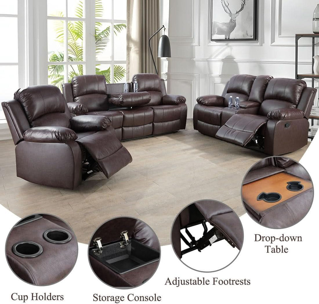 Brown 3 Piece Vegan Leather Recliner Sofa Set Cupholders