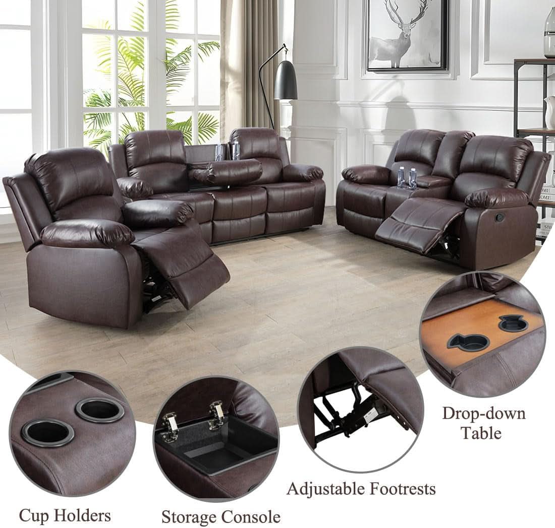 Brown 3 Piece Vegan Leather Recliner Sofa Set Cupholders