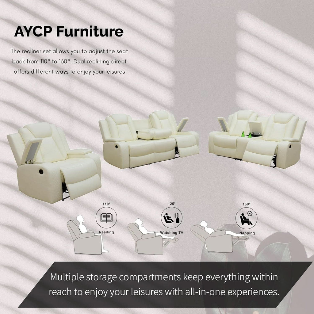 Power Recliner Set With LED Lights And USB Charging Ivory White