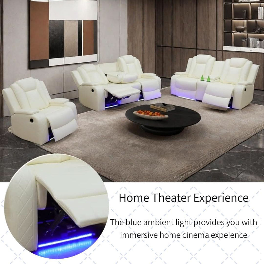 Power Recliner Set With LED Lights And USB Charging Ivory White