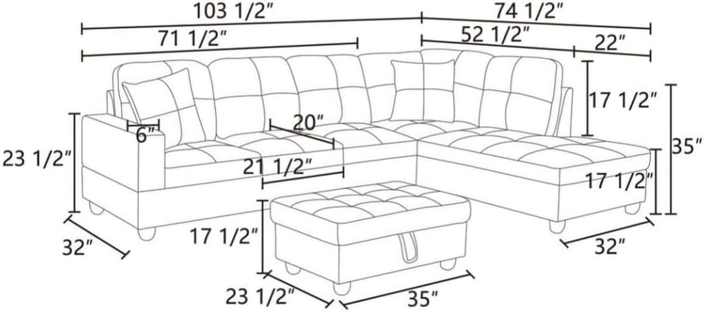 L Shaped 3 Piece Flannel Sofa With Storage Ottoman Grey