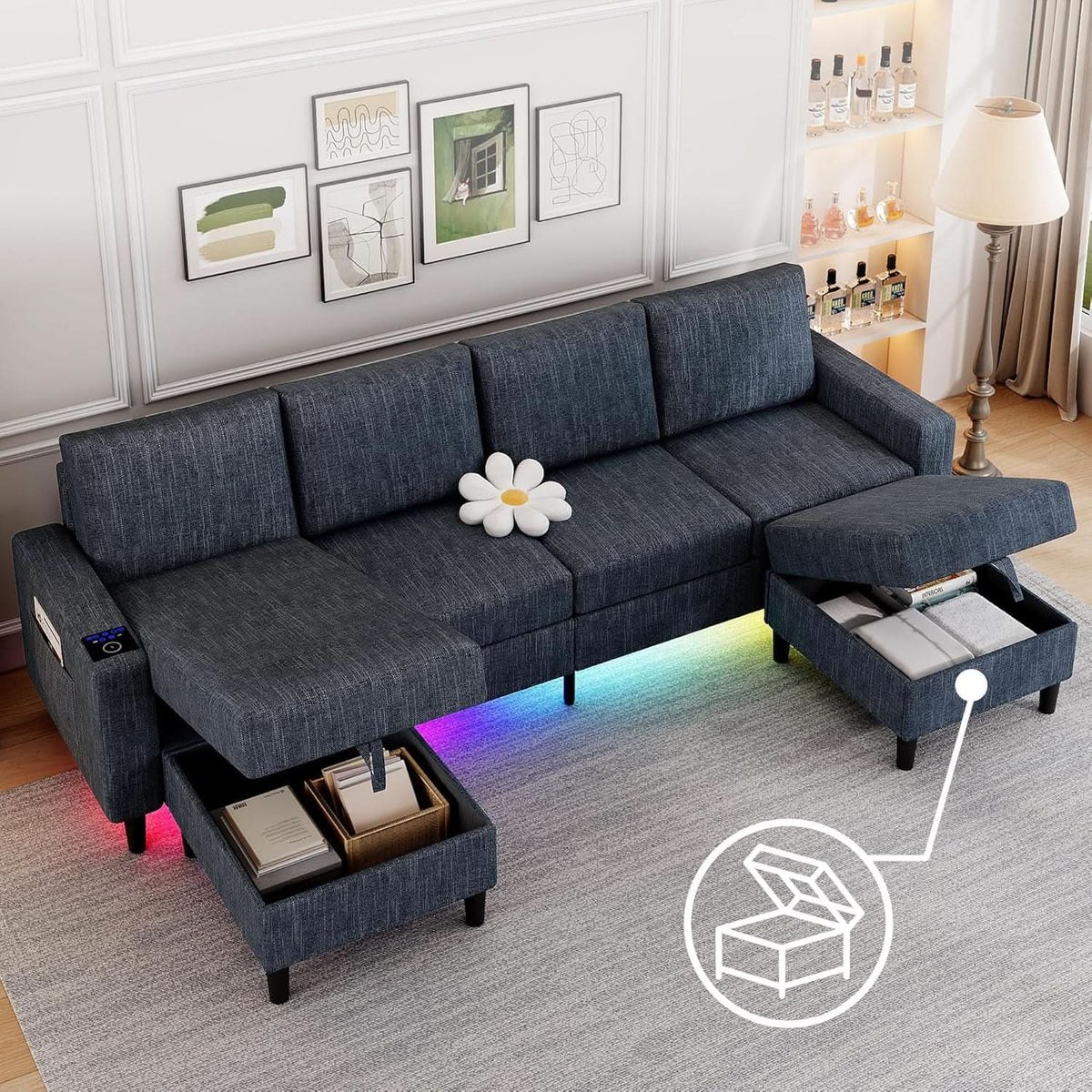 Blue Sectional Sofa With Reversible Chaise And Ottoman