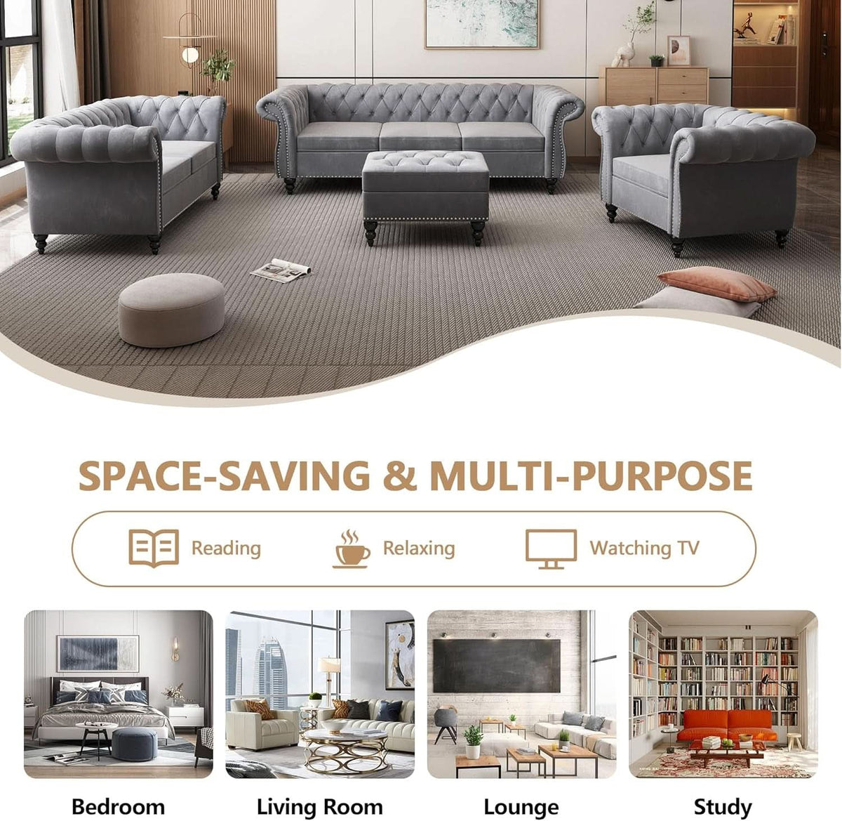 3 Piece Velvet Living Room Set Sectional Chesterfield Sofa Upholstered Loveseat And Chair