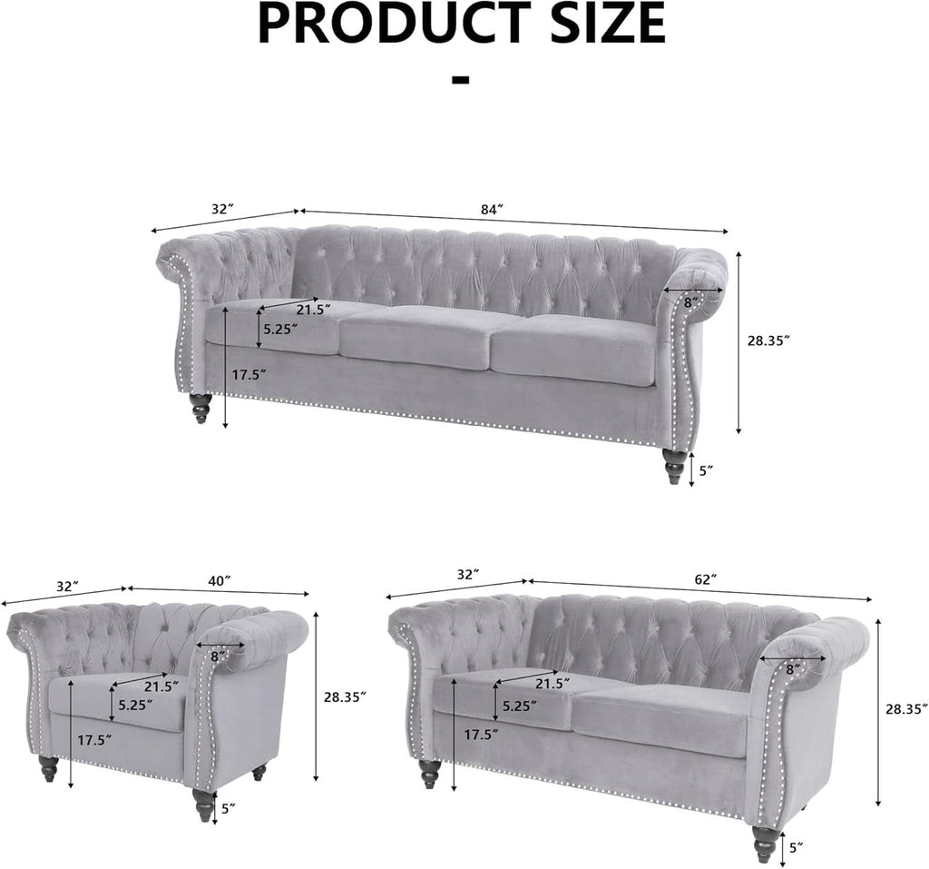 Three Piece Living Room Sofa Set Grey Velvet Chesterfield Sofa Club Chair Loveseat Nailhead Trim