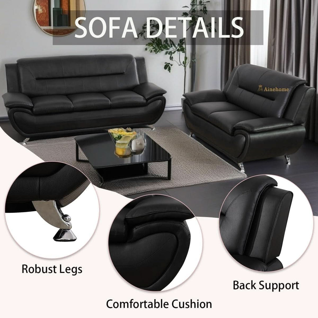 Black 5 Seat Faux Leather Sectional Sofa Set For Living Room