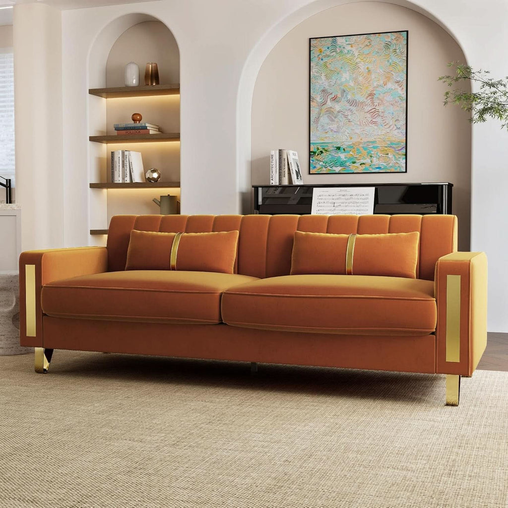 2 Piece Orange Velvet Loveseat Couch Set With Gold Metal Legs 86 Inch Living Room Sofa With 4 Pillows