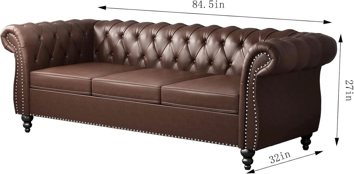 3 Piece Chesterfield Leather Living Room Set Sofa Loveseat Chair Dark Brown with Scroll Arms and Nailhead
