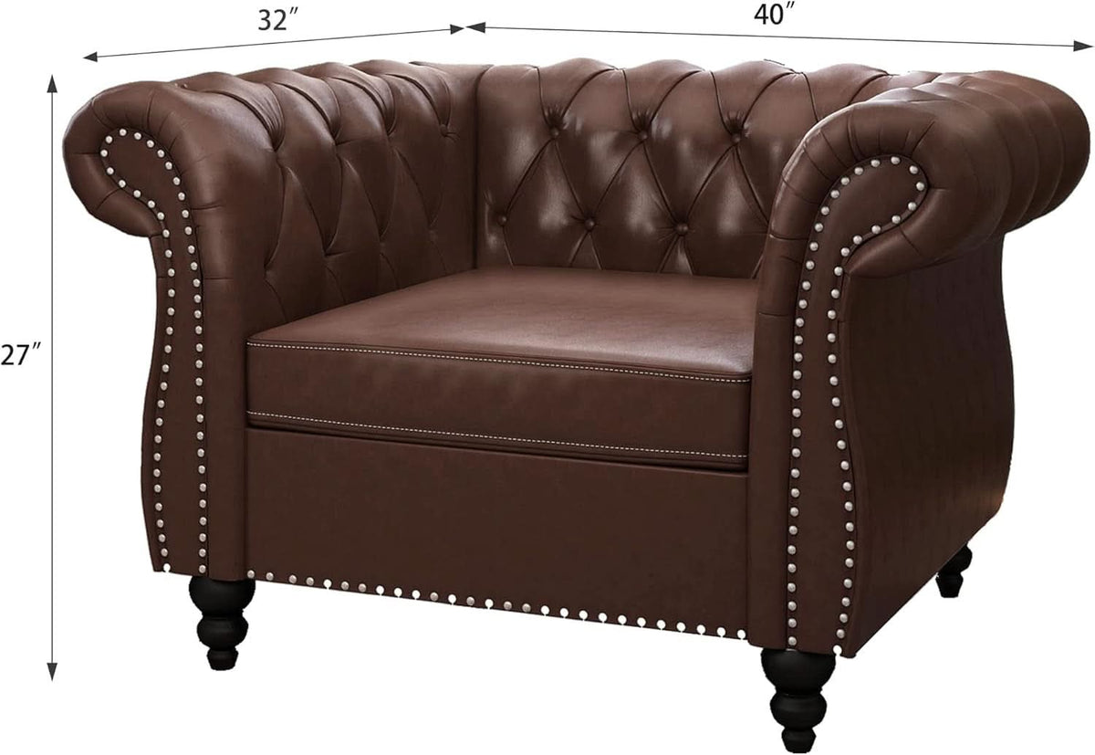 Two Piece Living Room Set Chesterfield Leather Sofa And Chair With Scroll Arms In Dark Brown