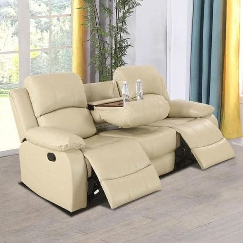 Beige Manual Leather 3 Piece Recliner Sofa Set For Living Room