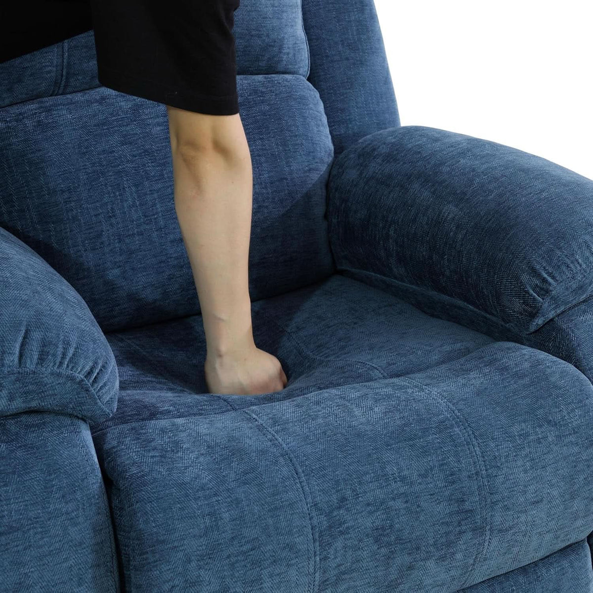 Blue Linen Recliner Sofa Set With Drop Down Table Storage