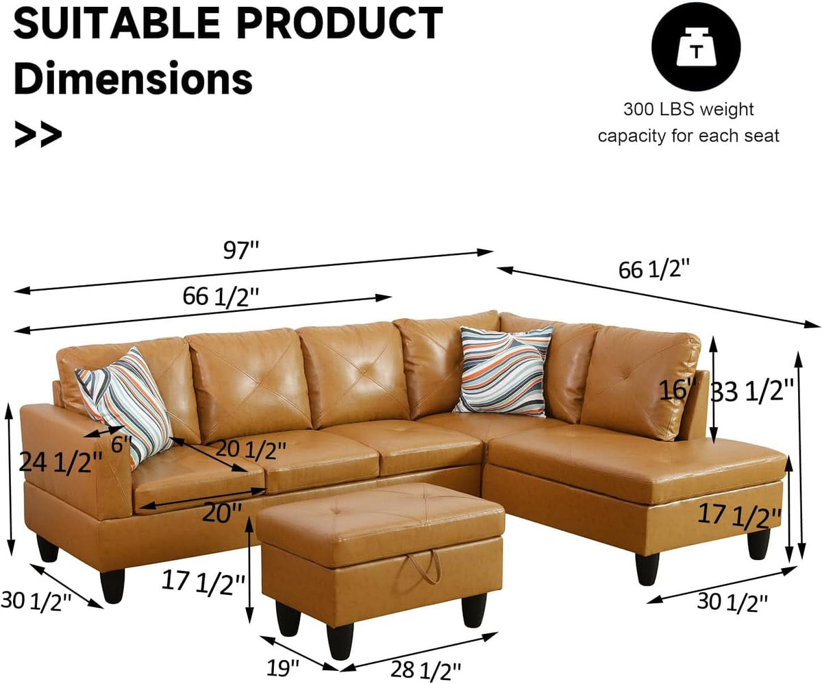 Leather Sectional Sofa L Shape With Storage Ottoman Ginger