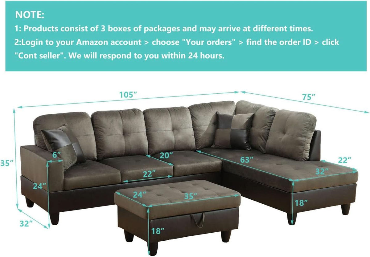 Taupe 105 Inch L Shaped Sectional Sofa With Storage Ottoman