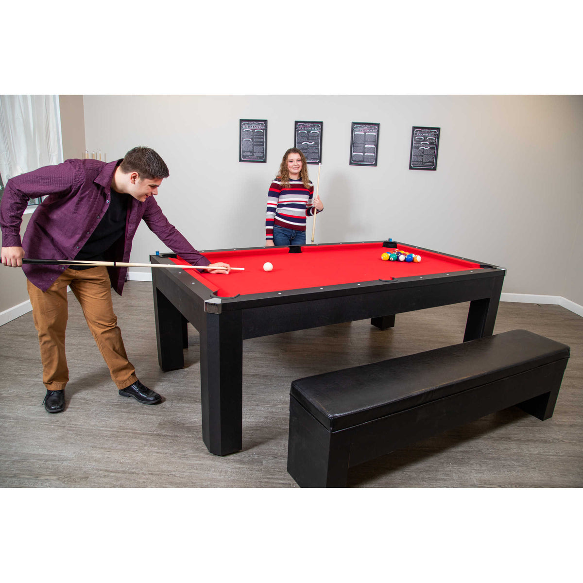 Park Avenue 7-ft Pool Table Combo Set with Benches - Black with Red Felt