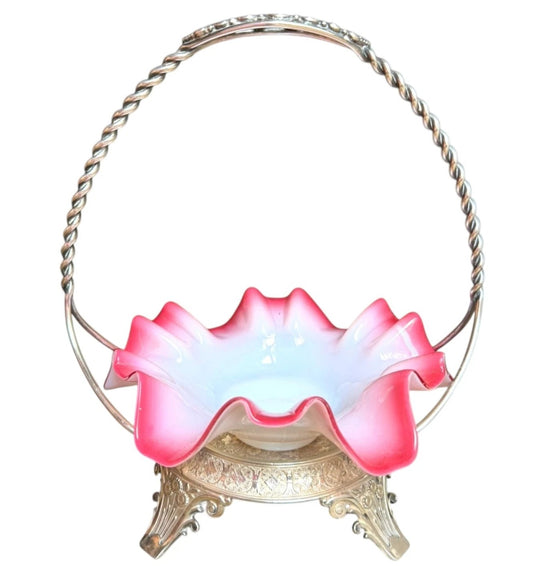 ANTIQUE JAMES W. TUFTS SILVERPLATE BRIDE’S BASKET CRANBERRY OPALESCENT GLASS
