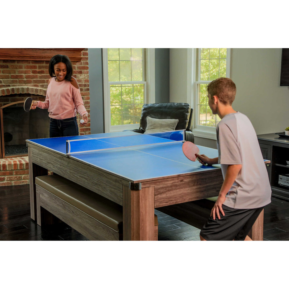 Newport 7-ft Pool Table Combo Set with Benches - Light Oak with Red Felt