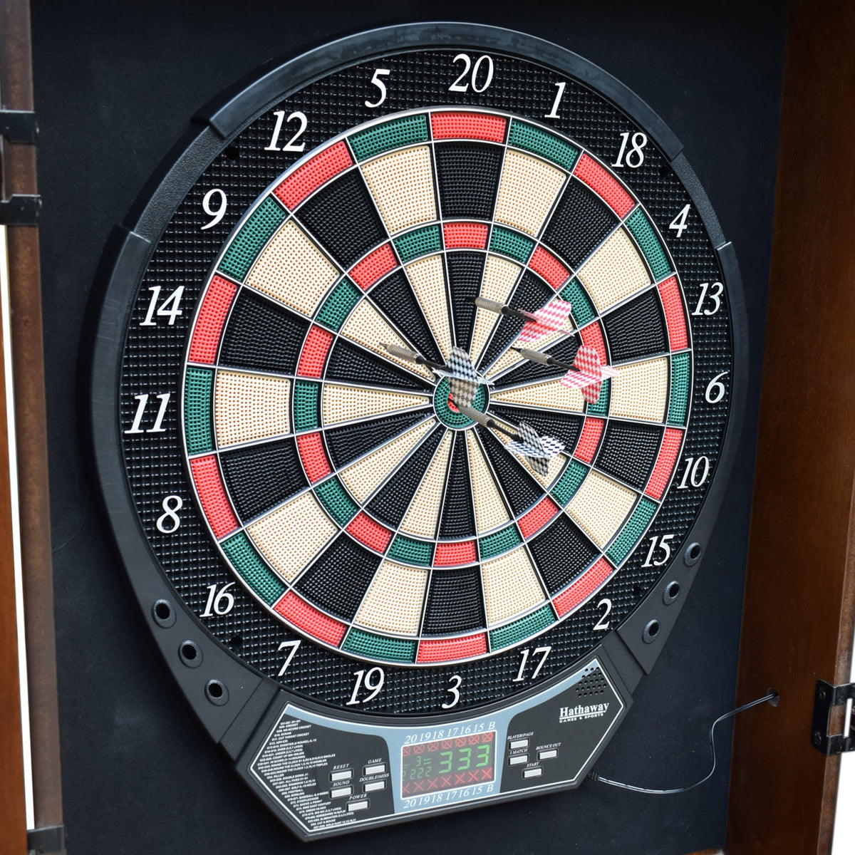 Brookline Electronic Dartboard and Cabinet Set - 29 Games - Walnut Finish
