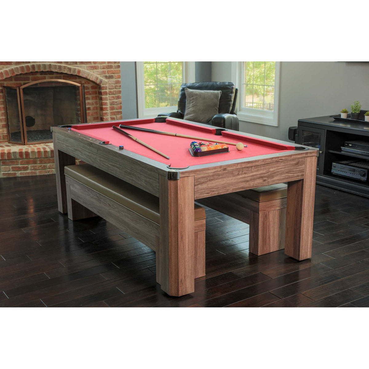 Newport 7-ft Pool Table Combo Set with Benches - Light Oak with Red Felt