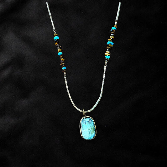 Vintage Miriam Haskell Egyptian Revival Blue Scarab Hieroglyph Pendant Necklace