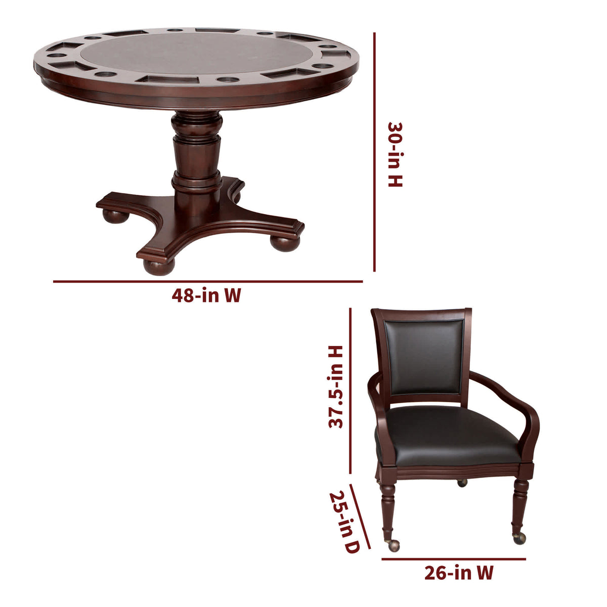 Bridgeport 48-in Poker Table and Dining Top with 4 Arm Chairs - Walnut Finish