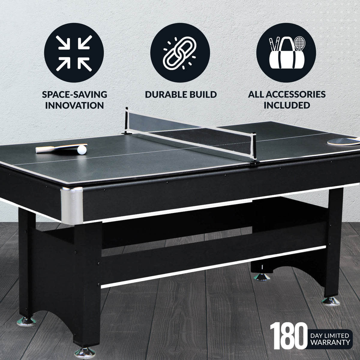 Spartan 6-ft Pool Table with Table Tennis Top - Black with Red Felt