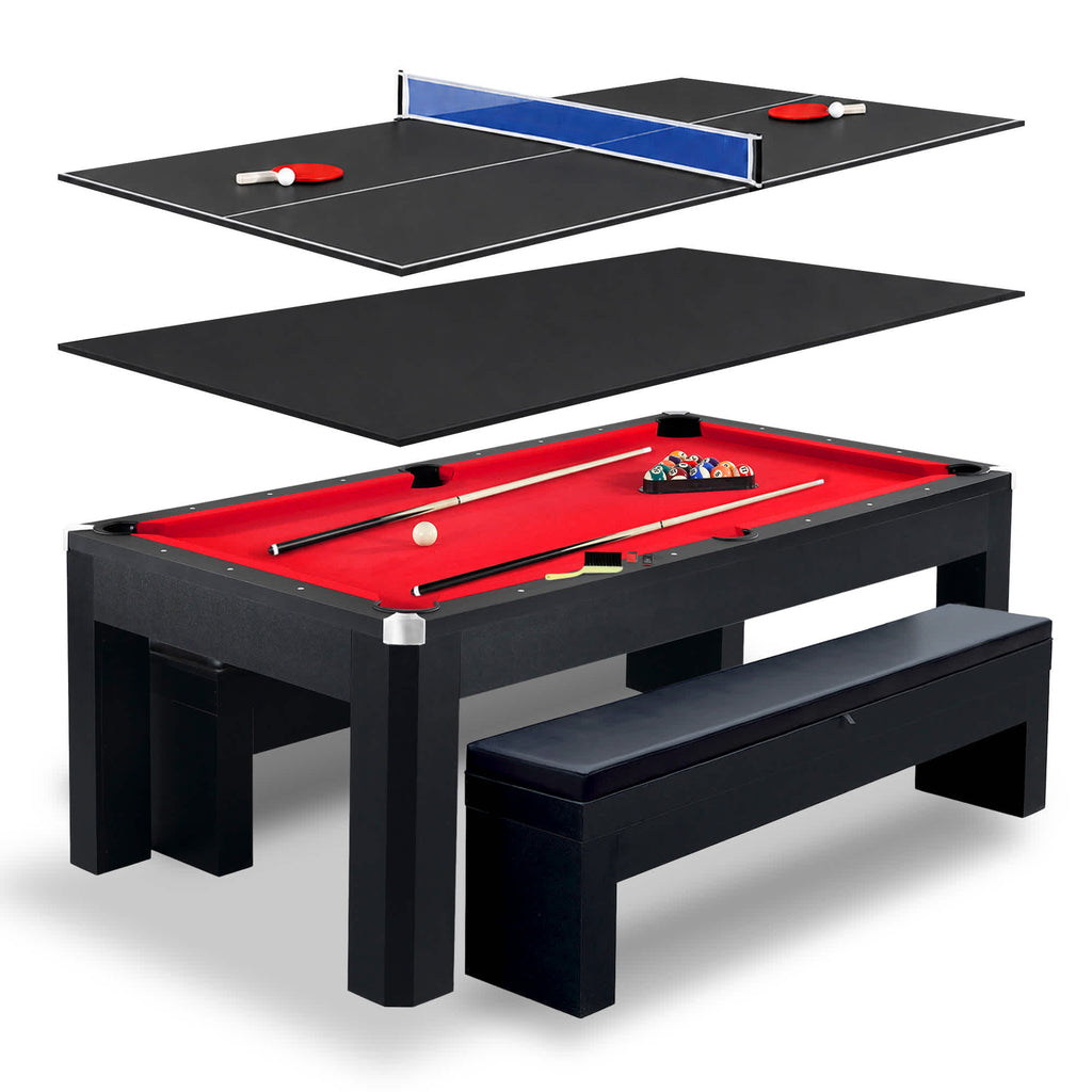 Park Avenue 7-ft Pool Table Combo Set with Benches - Black with Red Felt